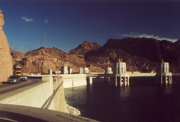 The Hoover Dam wall, with several water intake towers visible